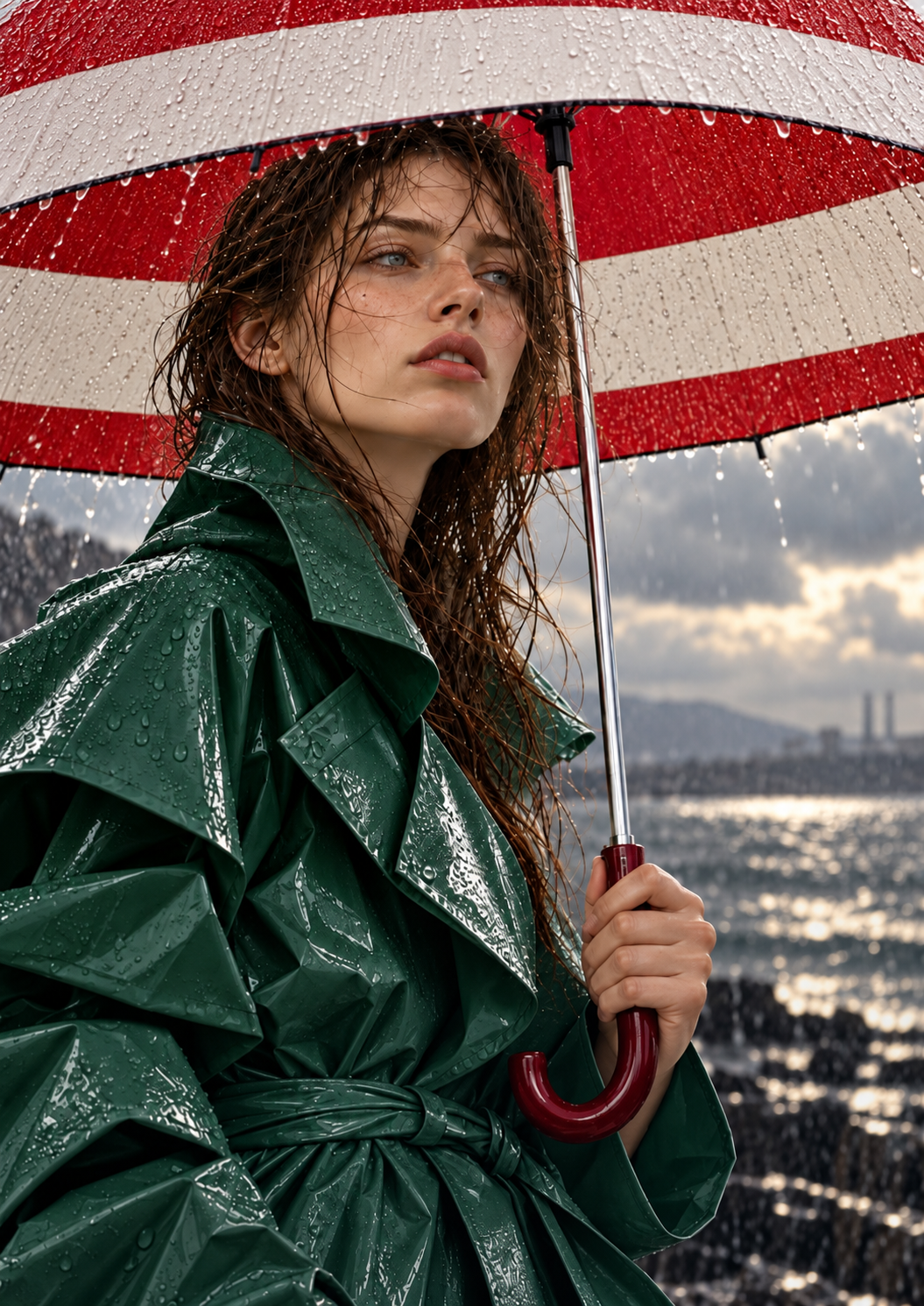A woman in a green rain cape beneath a red and cream striped umbrella, Dublin Bay behind her